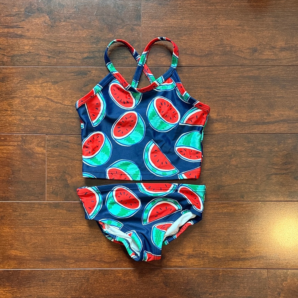Hanna Andersson Navy Watermelon Two-Piece Swim Set with Red & Green Print